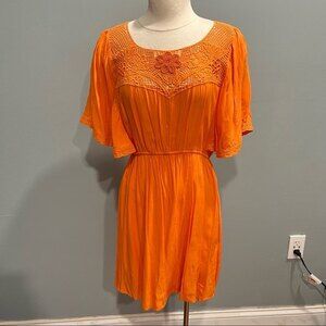 Beautiful Stories Orange Flutter Kimono Sleeve Crochet Beaded Dress